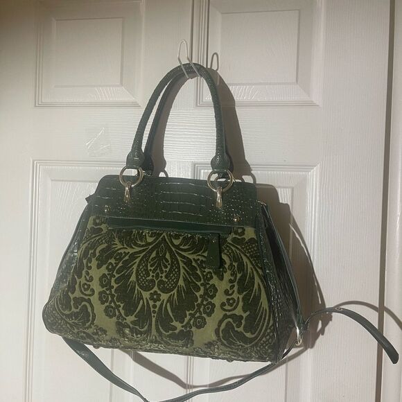 Sharif synthetic croc prints and tapestry olive green satchel/shoulder bag . - Picture 3 of 16